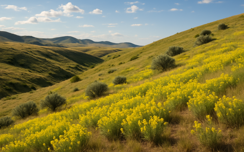 A Montana rangeland slope showing a spread of yellow-flowering leafy spurge among native grass and sagebrush in June