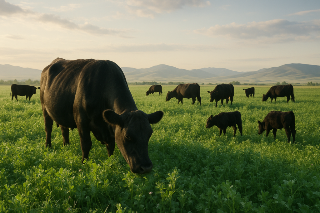 Black cattle grazing a lush green alfalfa and clover pasture in early summer with Montana foothills in the background