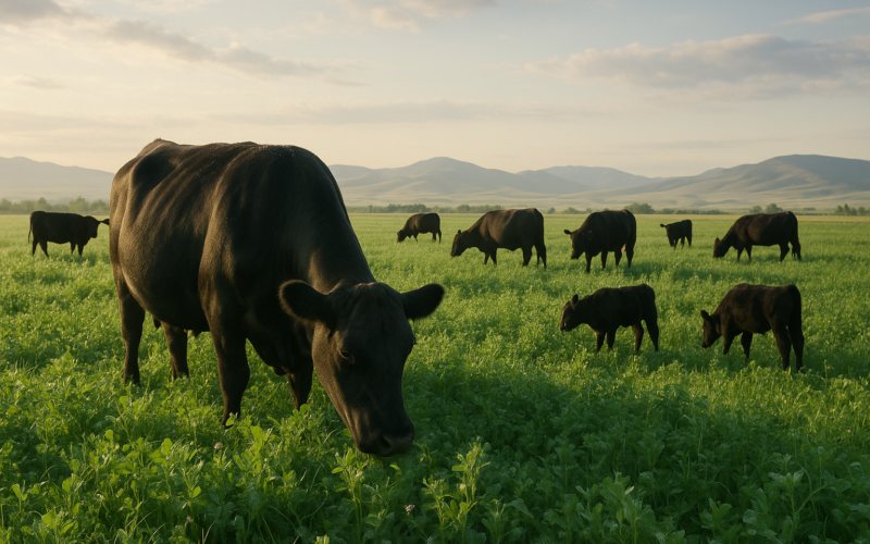 Black cattle grazing a lush green alfalfa and clover pasture in early summer with Montana foothills in the background