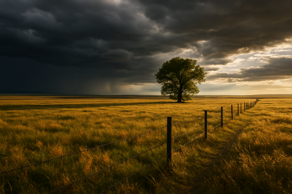 A lone cottonwood tree in an open Montana pasture with storm clouds clearing overhead and a barbed-wire fence running to the horizon