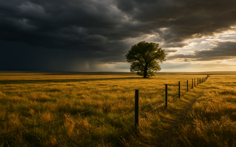 A lone cottonwood tree in an open Montana pasture with storm clouds clearing overhead and a barbed-wire fence running to the horizon