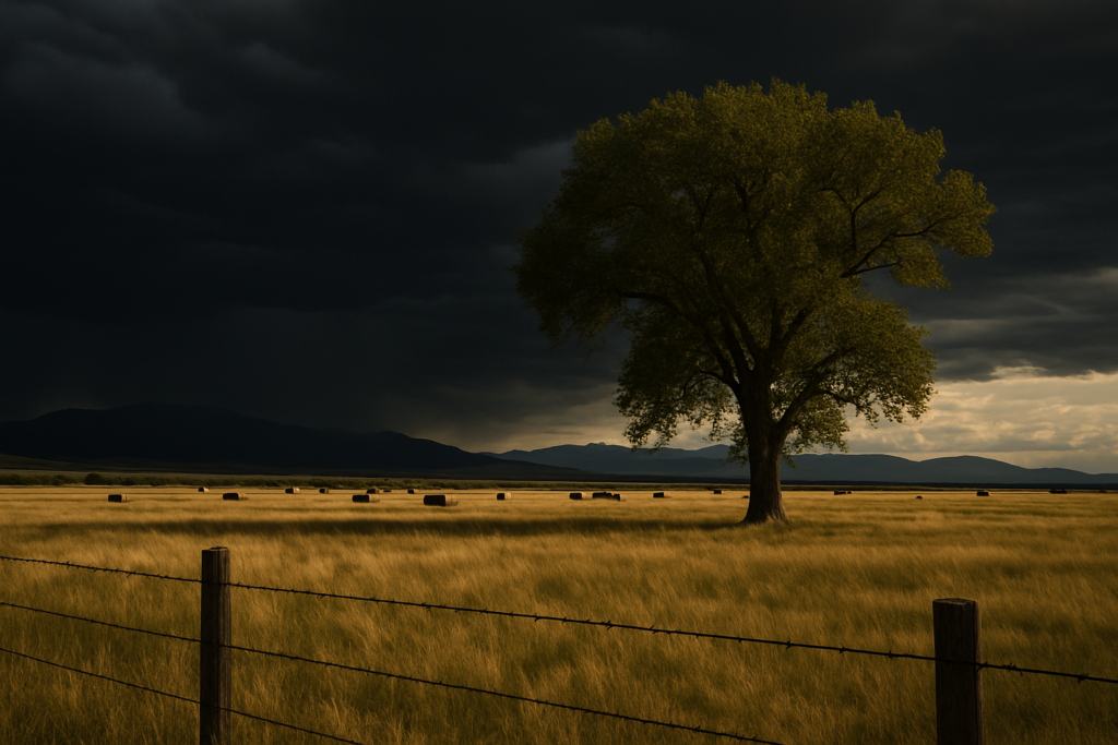A lone cottonwood tree and barbed wire fence in an open Montana pasture under a dark, building thunderstorm with cattle grazing in the distance