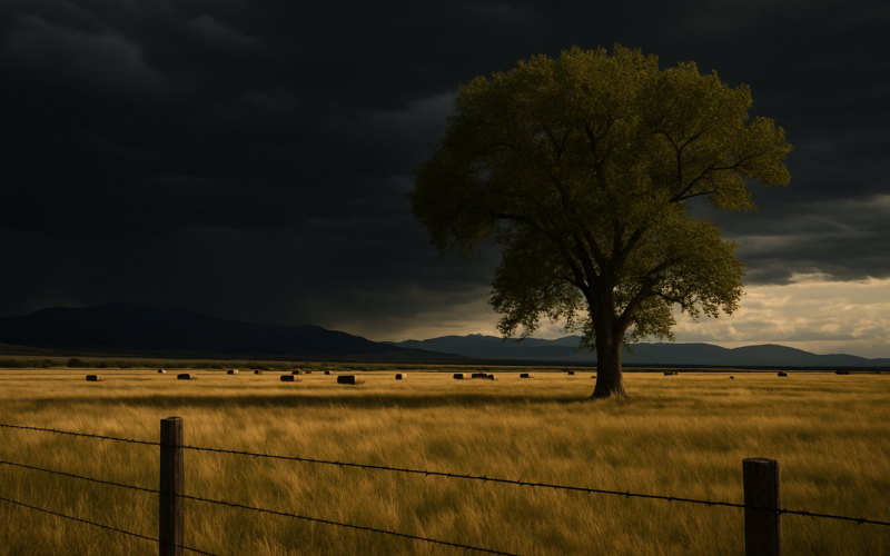 A lone cottonwood tree and barbed wire fence in an open Montana pasture under a dark, building thunderstorm with cattle grazing in the distance