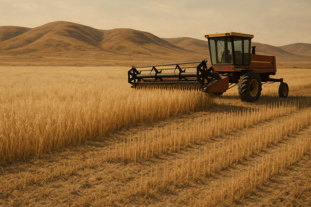 A short, drought-stressed cereal hay field being cut on Montana rangeland with a swather leaving high stubble under a hazy summer sky