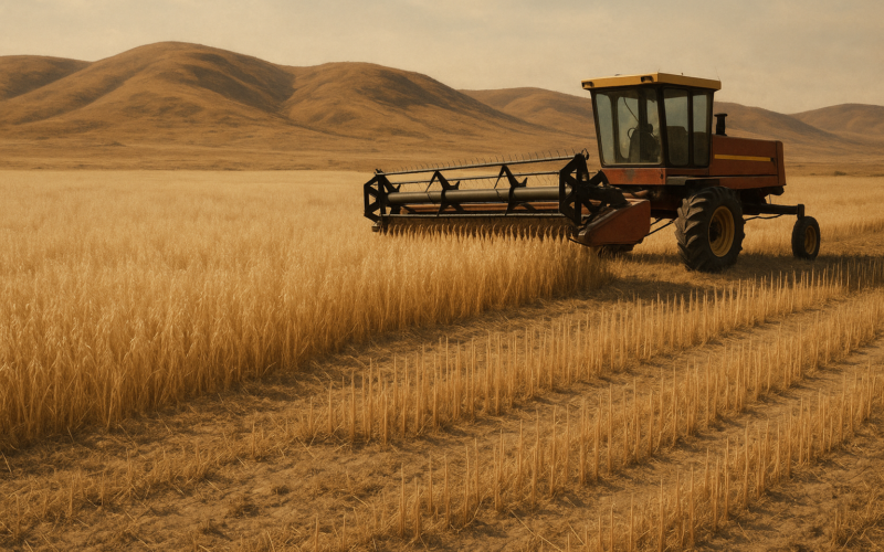 A short, drought-stressed cereal hay field being cut on Montana rangeland with a swather leaving high stubble under a hazy summer sky