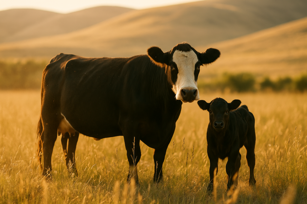 A cow and calf standing in tall seeding summer grass on a Montana pasture in bright afternoon sun