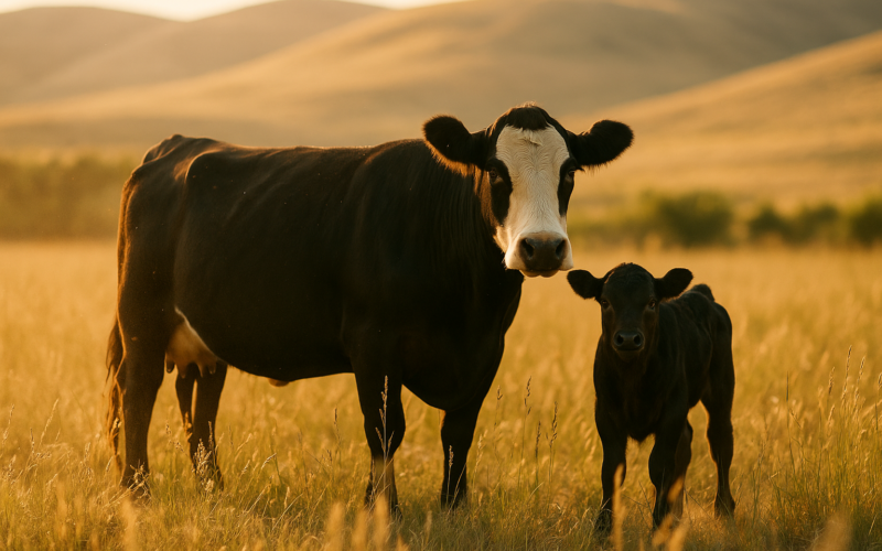 A cow and calf standing in tall seeding summer grass on a Montana pasture in bright afternoon sun