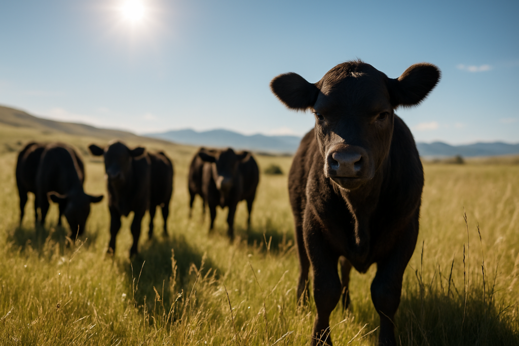 Black calves on Montana summer range in bright sun, one standing apart squinting with a runny eye