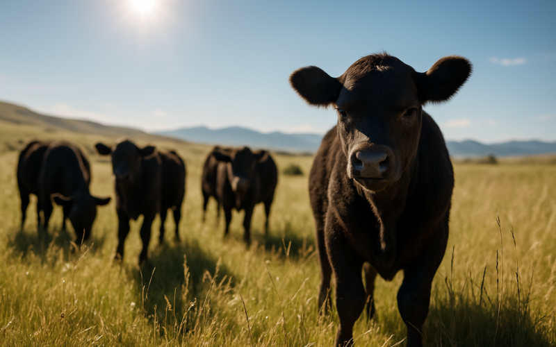 Black calves on Montana summer range in bright sun, one standing apart squinting with a runny eye