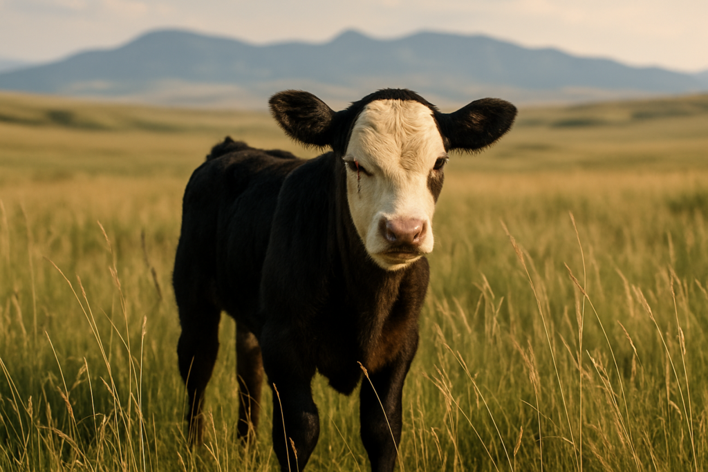 A baldy calf on Montana summer pasture standing off alone with one eye squinted shut and watering, an early sign of pinkeye