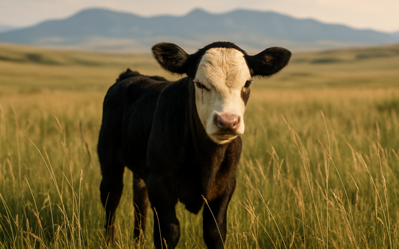 A baldy calf on Montana summer pasture standing off alone with one eye squinted shut and watering, an early sign of pinkeye