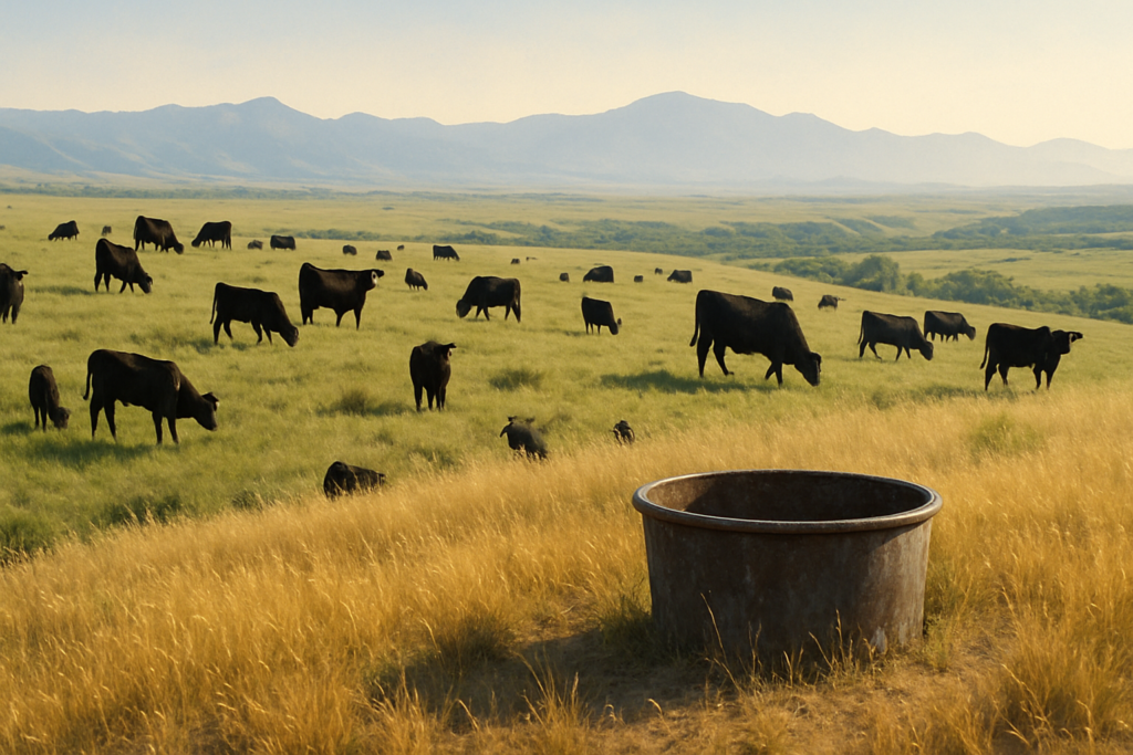 Black cattle grazing a high grassy bench near a mineral feeder on Montana summer range, with a creek bottom below and mountains in the distance
