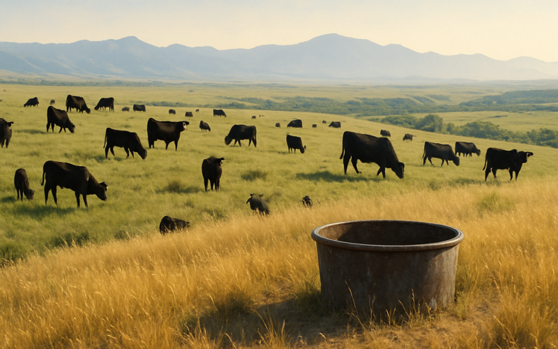 Black cattle grazing a high grassy bench near a mineral feeder on Montana summer range, with a creek bottom below and mountains in the distance