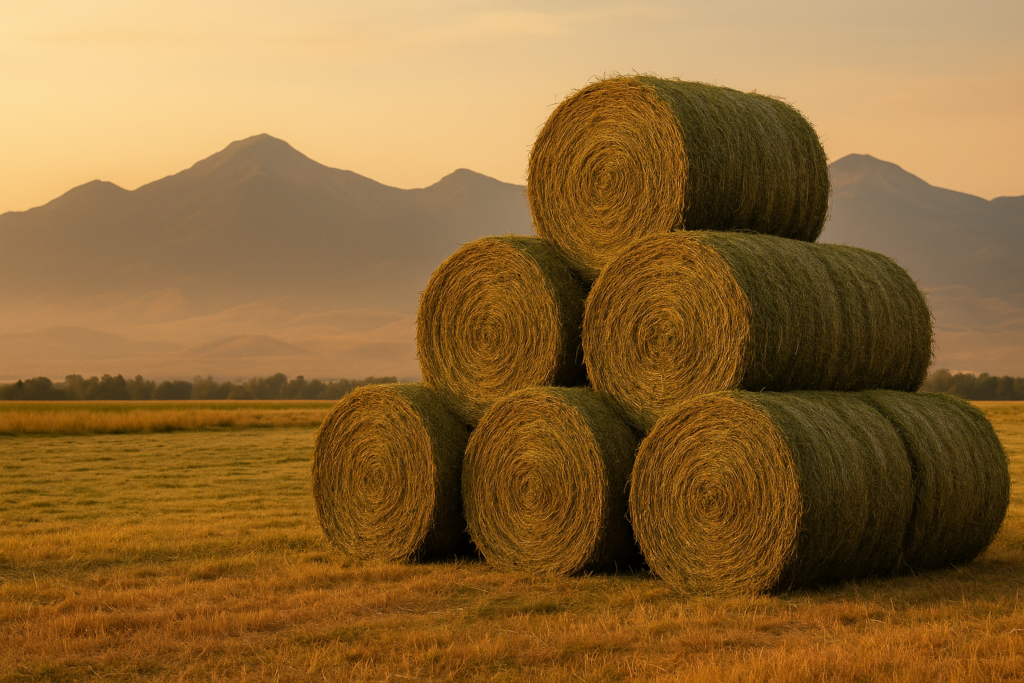 Round hay bales stacked in a Montana meadow at evening with mountains in the distance after first cutting