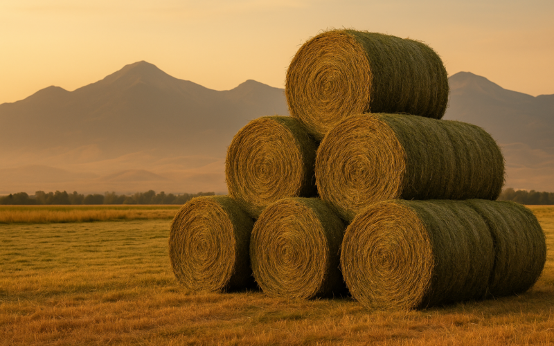 Round hay bales stacked in a Montana meadow at evening with mountains in the distance after first cutting