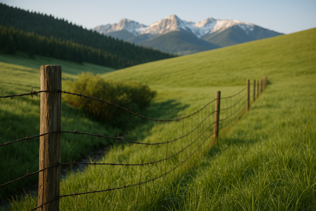 A sagging barbed wire fence crossing a wet draw on a Montana foothill pasture with timbered ridges behind it in morning light