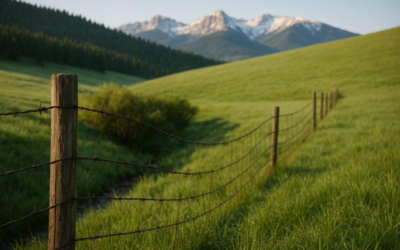 A sagging barbed wire fence crossing a wet draw on a Montana foothill pasture with timbered ridges behind it in morning light