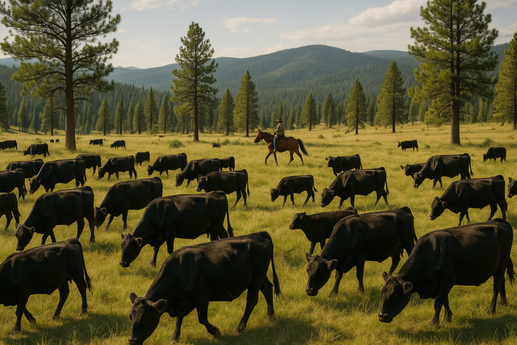 Black cattle grazing a high mountain summer range in Montana with a horseback rider moving the herd through open timber and grassy parks