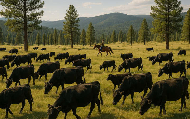 Black cattle grazing a high mountain summer range in Montana with a horseback rider moving the herd through open timber and grassy parks