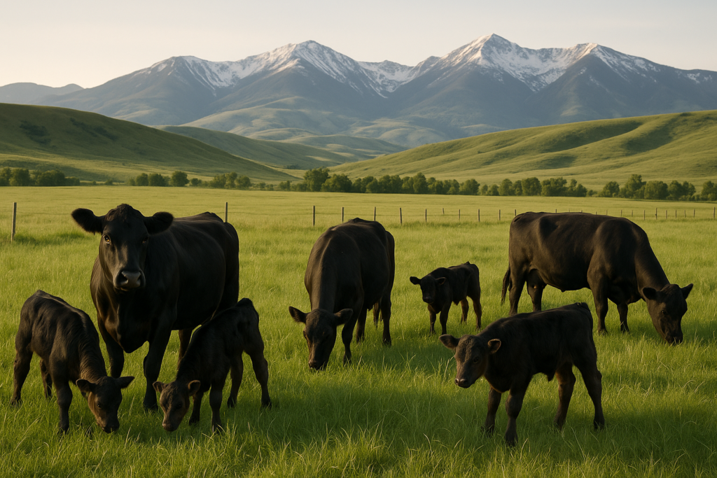 Young Angus first-calf heifers and their calves grazing green early-summer pasture in a Montana foothill meadow