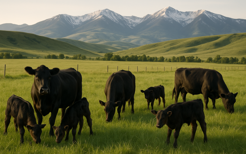 Young Angus first-calf heifers and their calves grazing green early-summer pasture in a Montana foothill meadow