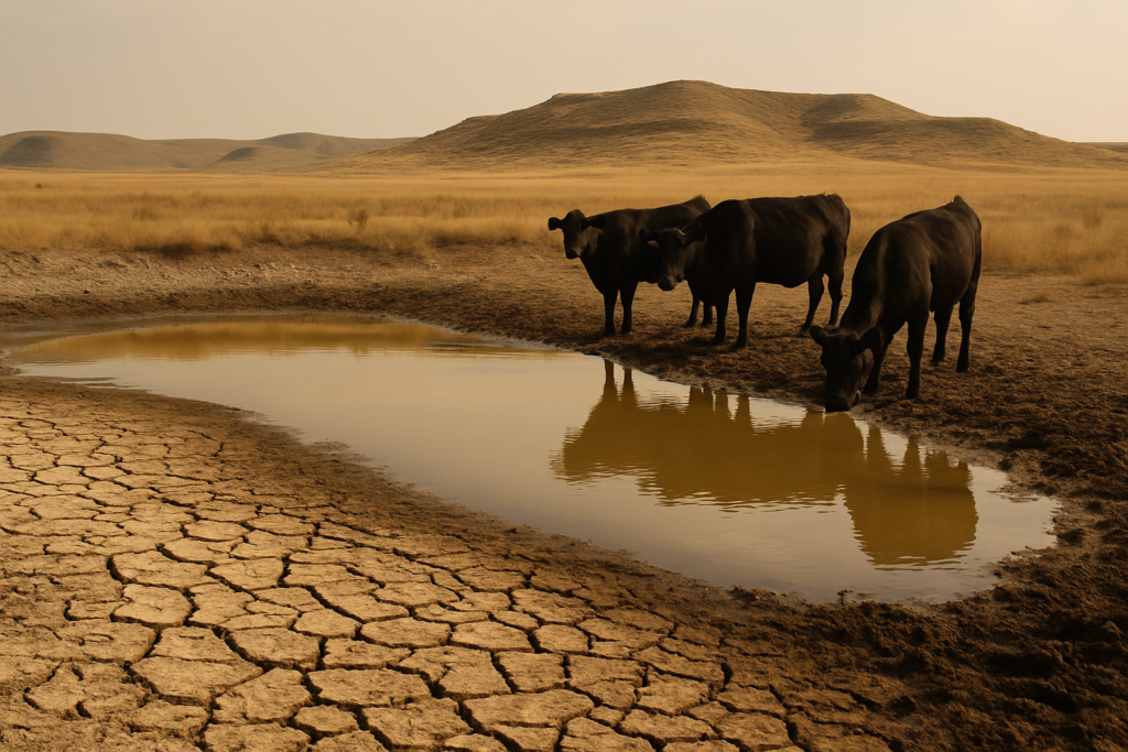 Black cattle drinking from a low, alkali-ringed prairie stock pond on dry Montana rangeland in summer