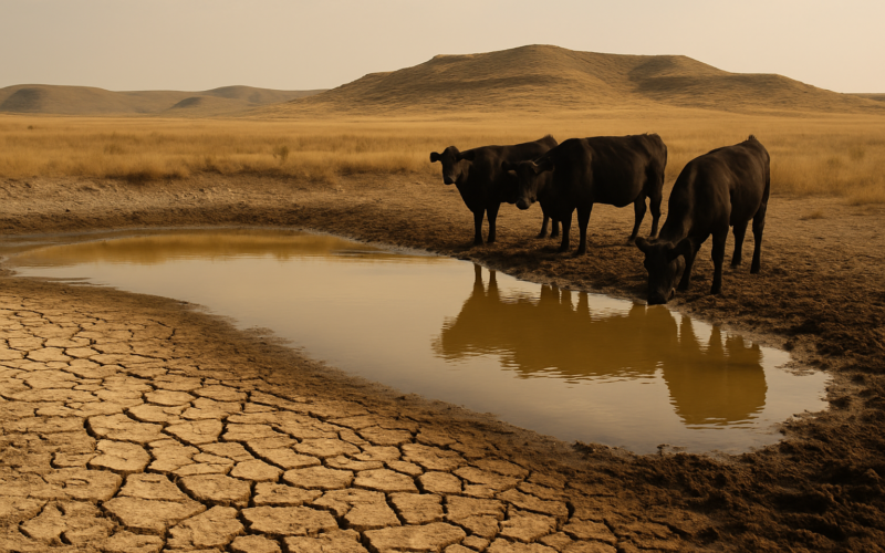 Black cattle drinking from a low, alkali-ringed prairie stock pond on dry Montana rangeland in summer