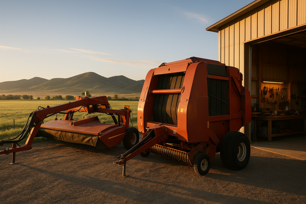 A swather and round baler parked beside an open ranch shop with a green alfalfa field and Montana foothills in the background under morning light