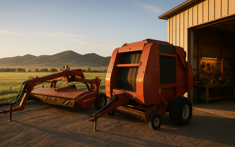 A swather and round baler parked beside an open ranch shop with a green alfalfa field and Montana foothills in the background under morning light