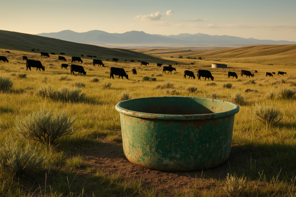 A mineral tub placed on open Montana rangeland away from water with cattle grazing scattered across the hills
