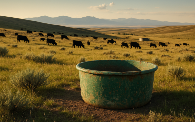 A mineral tub placed on open Montana rangeland away from water with cattle grazing scattered across the hills