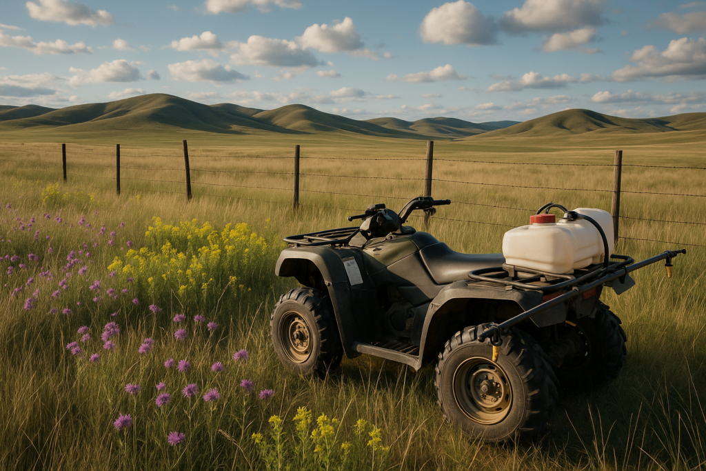 An ATV with a spray boom parked along a barbed wire fenceline in a Montana foothills pasture, with patches of purple knapweed among the grass in evening light