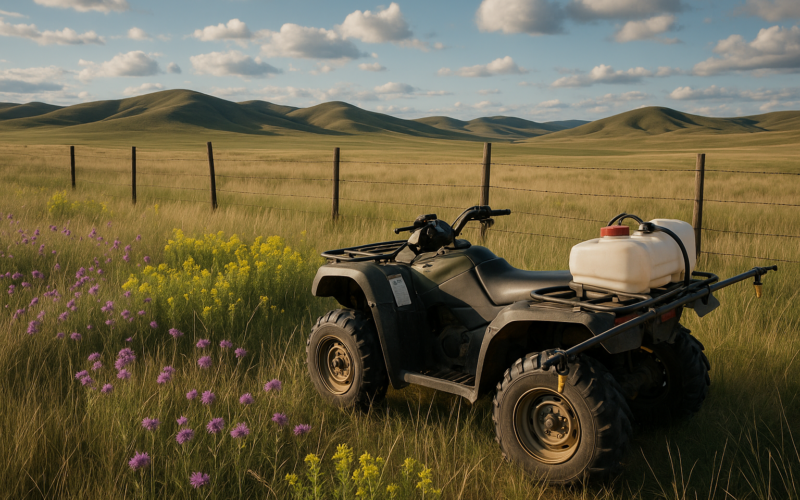 An ATV with a spray boom parked along a barbed wire fenceline in a Montana foothills pasture, with patches of purple knapweed among the grass in evening light