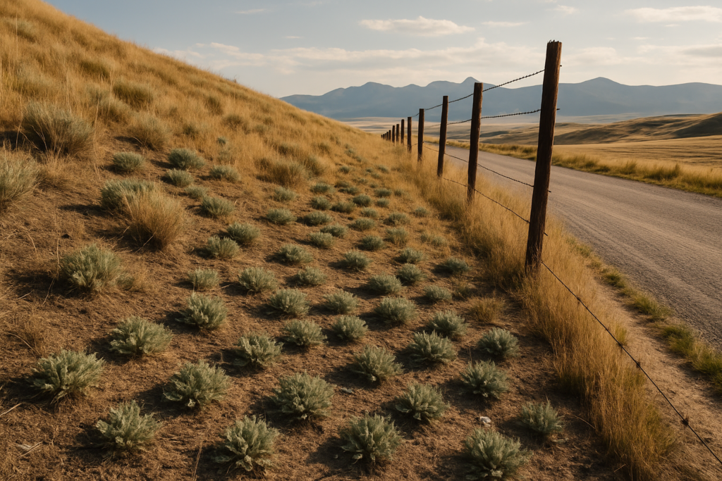 A dry Montana hillside in June with scattered knapweed rosettes among native grass along a fence line, mountains in the distance