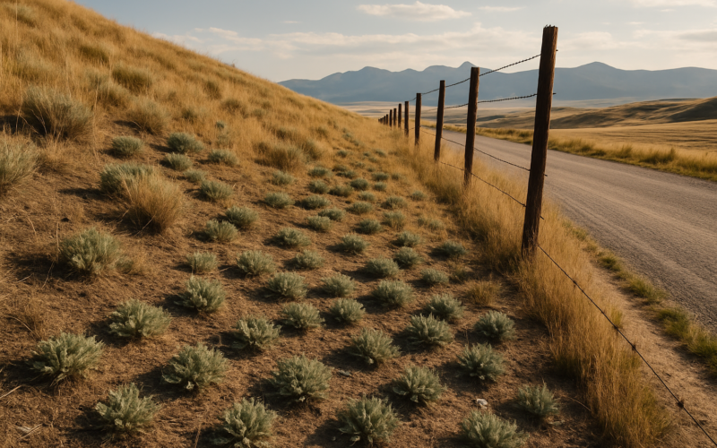 A dry Montana hillside in June with scattered knapweed rosettes among native grass along a fence line, mountains in the distance