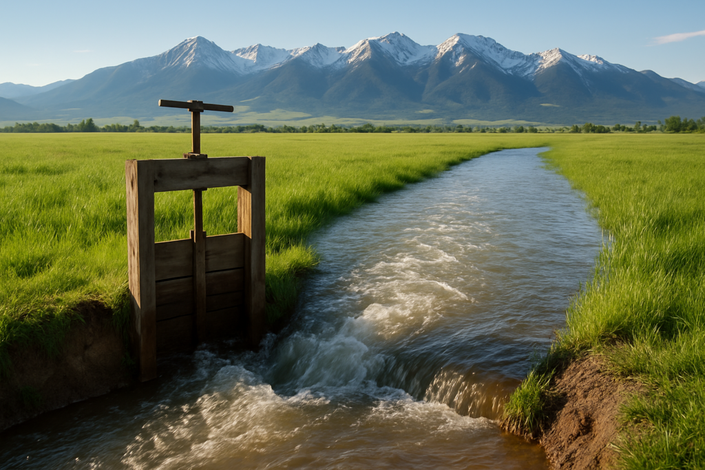 Water spreading from an open ditch across a green Montana hay meadow with snow-capped mountains in the background