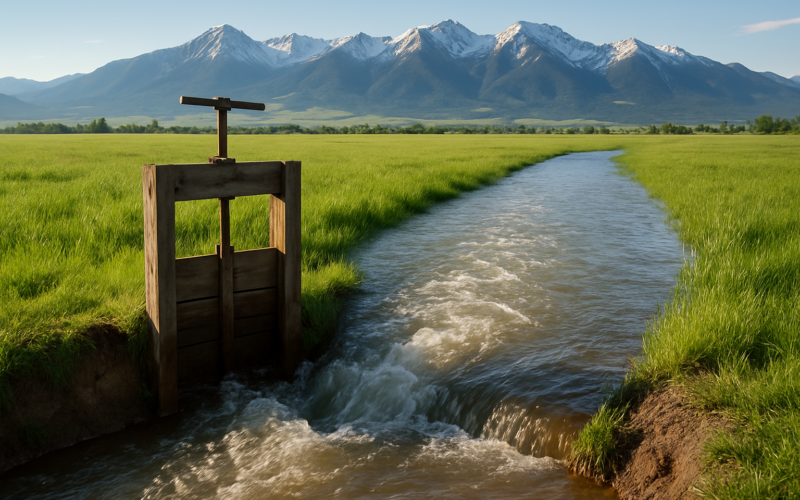 Water spreading from an open ditch across a green Montana hay meadow with snow-capped mountains in the background