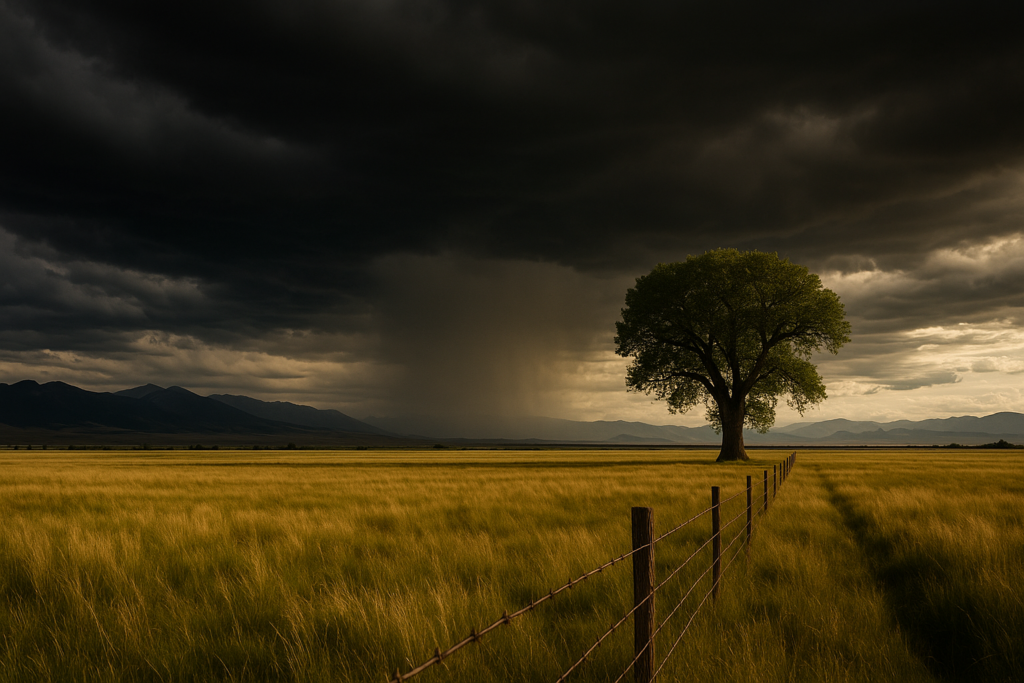 A lone cottonwood tree on an open Montana pasture flat beneath a dark summer thunderstorm, with a barbed wire fence running across the foreground