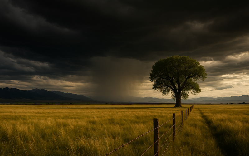 A lone cottonwood tree on an open Montana pasture flat beneath a dark summer thunderstorm, with a barbed wire fence running across the foreground