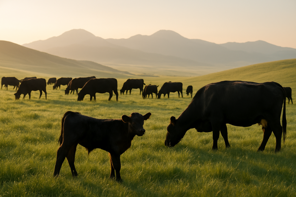 Black cow-calf pairs grazing on green summer grass in a rolling Montana foothill pasture at dawn, one calf standing apart from the herd