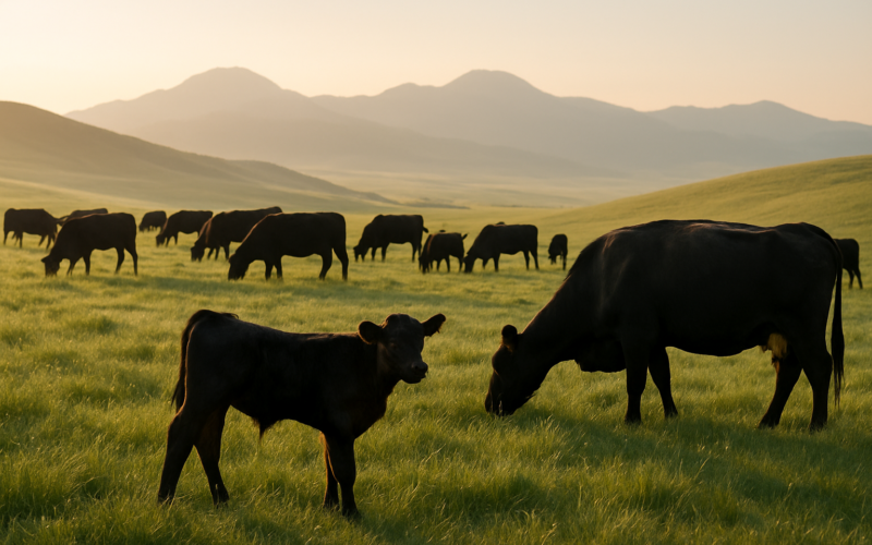 Black cow-calf pairs grazing on green summer grass in a rolling Montana foothill pasture at dawn, one calf standing apart from the herd