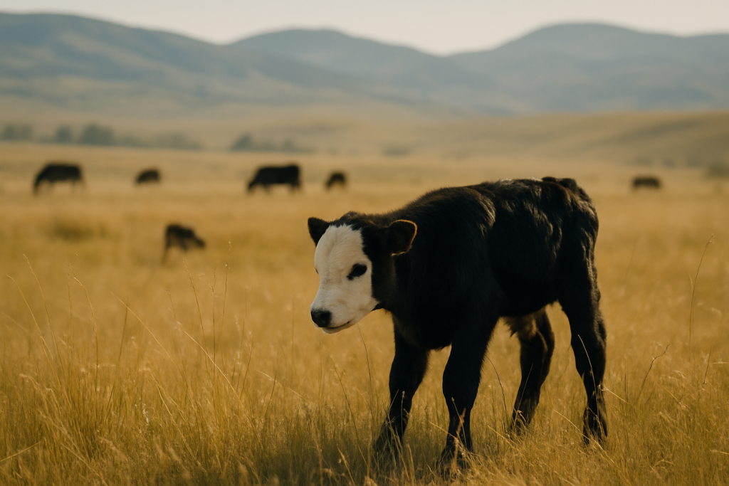 A lone nursing calf standing hunched in summer grass on open Montana range with the herd scattered in the distance