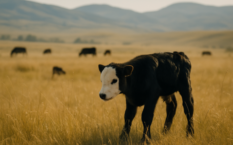 A lone nursing calf standing hunched in summer grass on open Montana range with the herd scattered in the distance