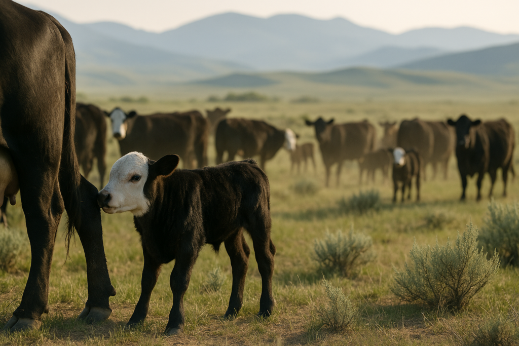 A young calf standing off from a herd of cow-calf pairs on green Montana summer pasture in early morning light