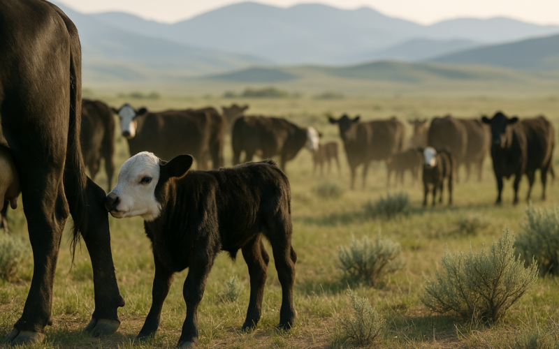 A young calf standing off from a herd of cow-calf pairs on green Montana summer pasture in early morning light