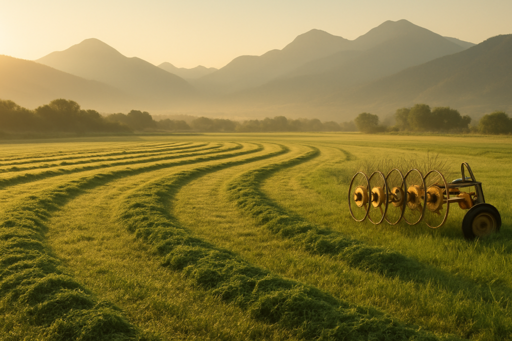 Green windrows of freshly raked alfalfa in a Montana valley field at sunrise with mountains in the distance