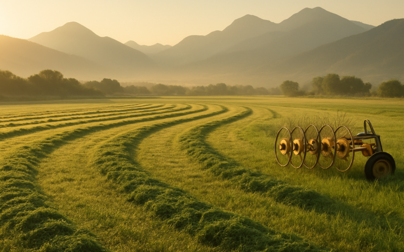 Green windrows of freshly raked alfalfa in a Montana valley field at sunrise with mountains in the distance