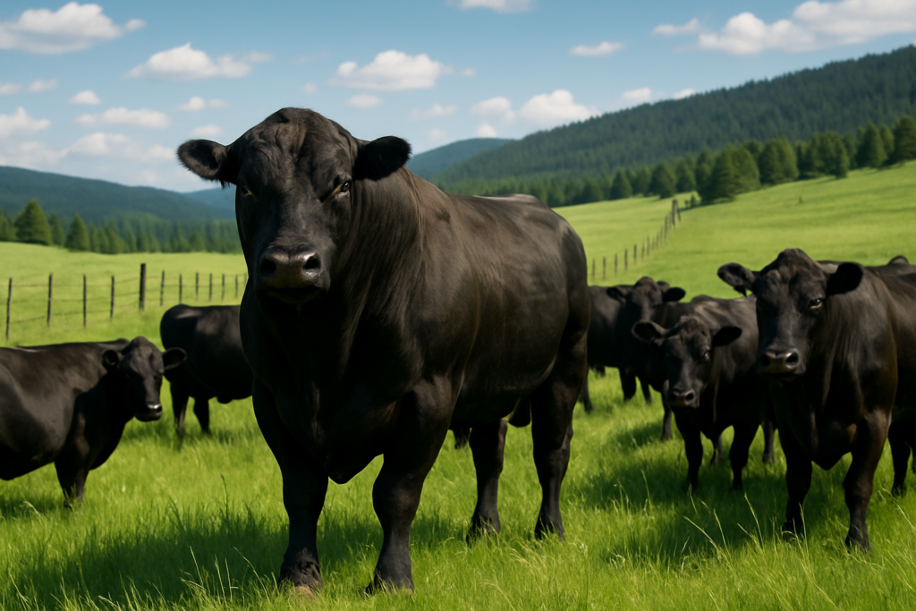 A mature Angus bull standing with cows on green Montana foothill pasture along a barbed wire fence in early summer