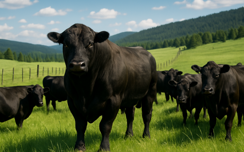 A mature Angus bull standing with cows on green Montana foothill pasture along a barbed wire fence in early summer