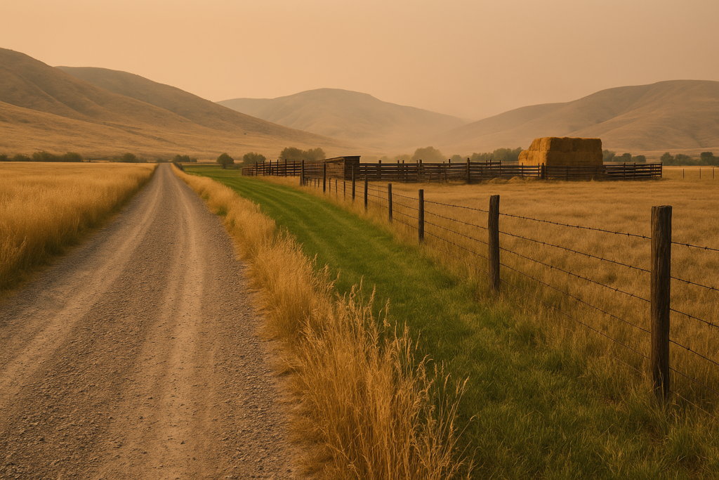 A mowed fuel-break strip along a fence line separates cured roadside grass from a Montana ranch's corrals and hay stack under a hazy summer sky